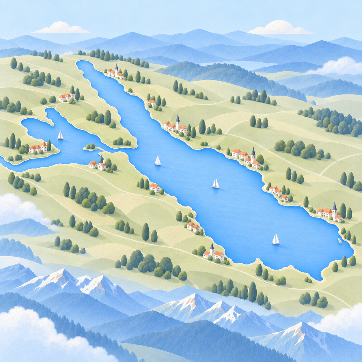 Illustrisierte Karte der Bodenseeregion mit See, Dörfern, Segelbooten und Alpenpanorama