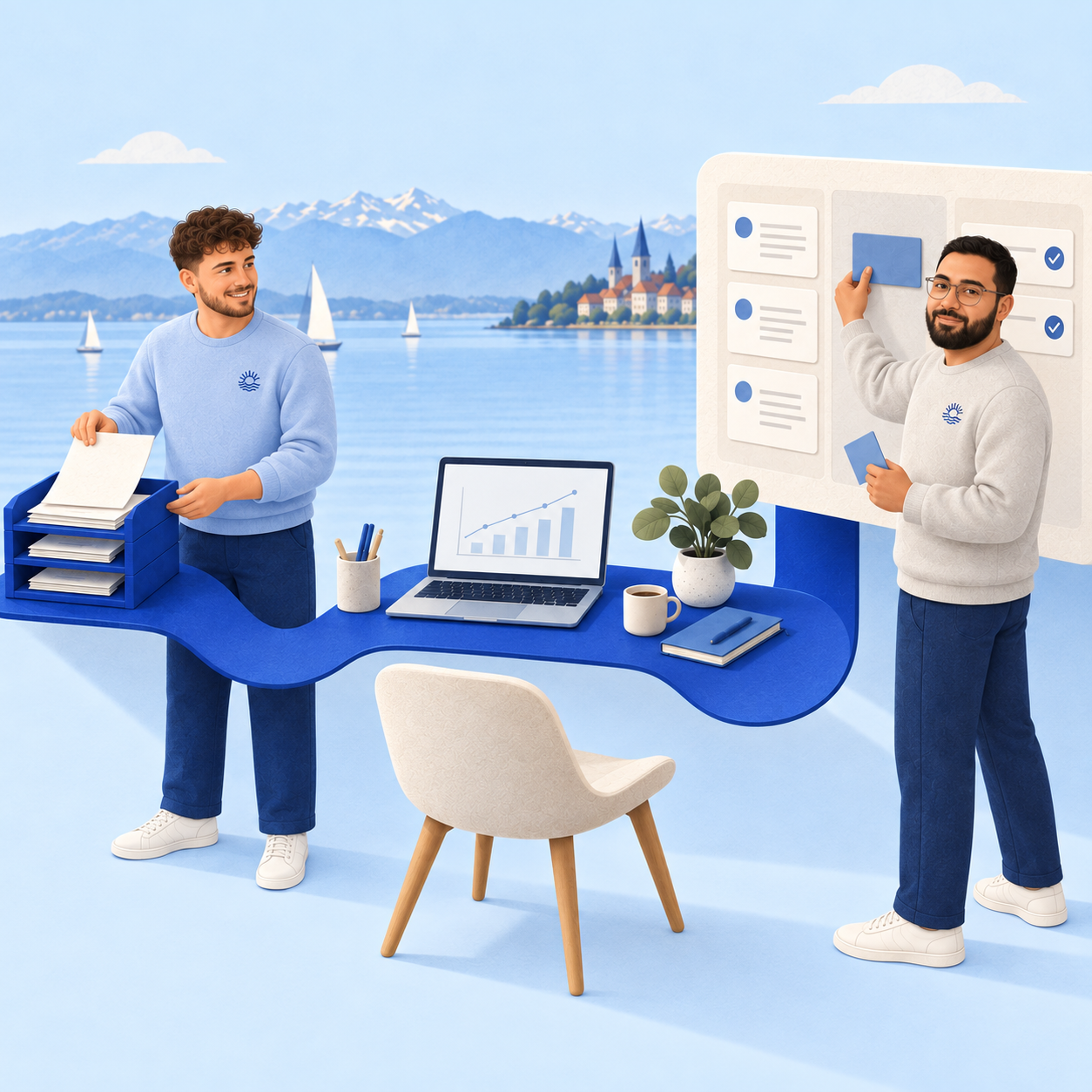 Zwei Personen arbeiten gemeinsam mit KI am Laptop, im Hintergrund Bergsee und ein Notizboard